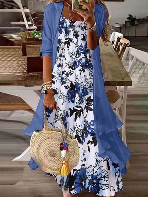 Vestido largo de dos piezas con estampado floral y mangas holgadas