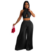 Conjunto de dos piezas de pantalón ancho plisado con efecto seda y cuello halter para mujer