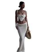 Conjunto de falda de dos piezas de punto de crochet Y2K para mujer, camisola de cuello cuadrado, falda a la cadera, top de tubo sin tirantes con aberturas, falda maxi ajustada de cintura baja, atuendo