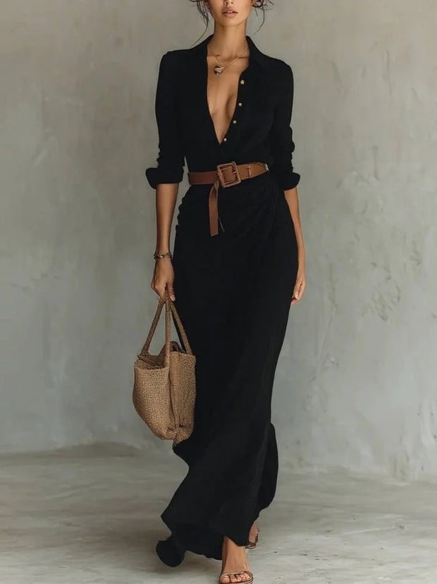 Vestido largo irregular con cinturón, elegante y a la moda, con solapa y botones, de manga larga, ideal para ir a la oficina a diario.
