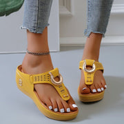 Sandalias de tiras para mujer, zapatos de cuña de tacón alto, chanclas, pantuflas decorativas de metal