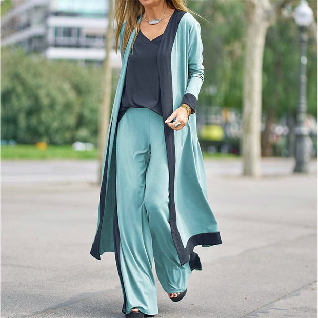 Conjunto de cárdigan con bloques de color y pantalón recto de tres piezas