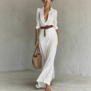 Vestido largo irregular con cinturón, elegante y a la moda, con solapa y botones, de manga larga, ideal para ir a la oficina a diario.