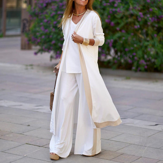 Conjunto de cárdigan con bloques de color y pantalón recto de tres piezas