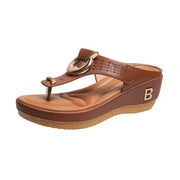 Sandalias de tiras para mujer, zapatos de cuña de tacón alto, chanclas, pantuflas decorativas de metal