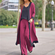 Conjunto de cárdigan con bloques de color y pantalón recto de tres piezas