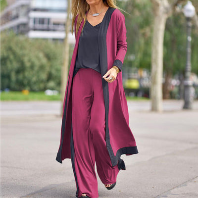 Conjunto de cárdigan con bloques de color y pantalón recto de tres piezas