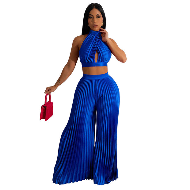 Conjunto de dos piezas de pantalón ancho plisado con efecto seda y cuello halter para mujer