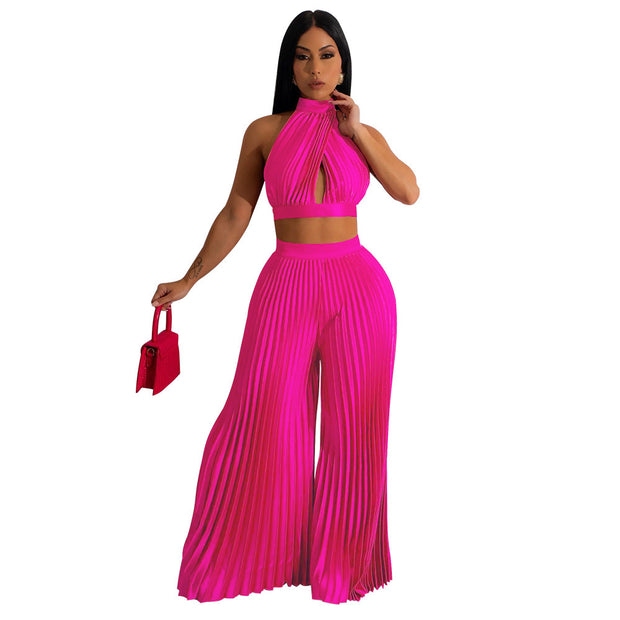 Conjunto de dos piezas de pantalón ancho plisado con efecto seda y cuello halter para mujer