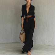 Vestido largo irregular con cinturón, elegante y a la moda, con solapa y botones, de manga larga, ideal para ir a la oficina a diario.