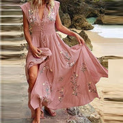 Nuevo vestido playero informal holgado de verano sin mangas con cuello en V y estampado bohemio con flecos y falda larga